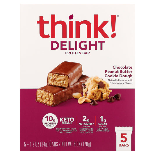 Think !, Delight Protein Bar, Chocolate Peanut Butter Cookie Dough, 5 Bars, 1.2 oz (34 g) Each