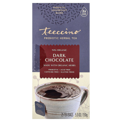 Teeccino, Prebiotic Herbal Tea, Dark Chocolate, Caffeine Free, 25 Tea Bags, 5.3 oz (150 g)
