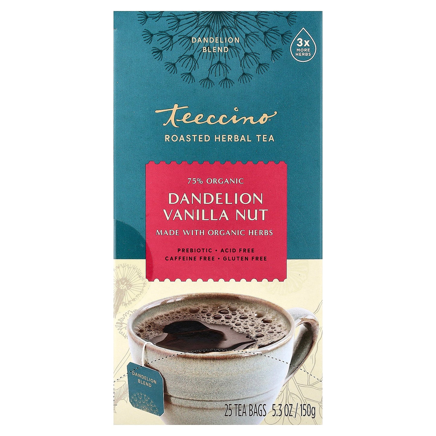 Teeccino, Roasted Herbal Tea, Dandelion Vanilla Nut, Caffeine Free, 25 Tea Bags, 5.3 oz (150 g)