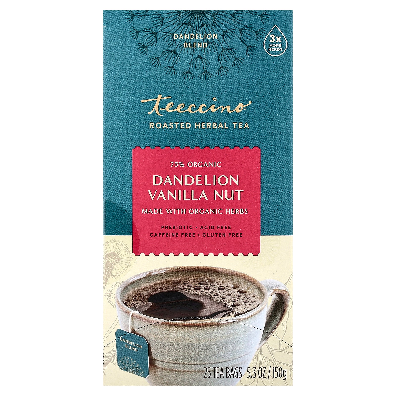 Teeccino, Roasted Herbal Tea, Dandelion Vanilla Nut, Caffeine Free, 25 Tea Bags, 5.3 oz (150 g)