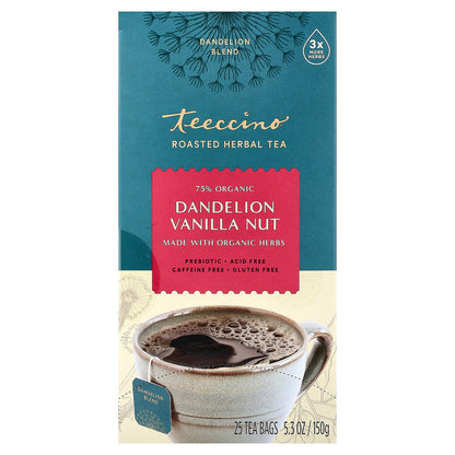 Teeccino, Roasted Herbal Tea, Dandelion Vanilla Nut, Caffeine Free, 25 Tea Bags, 5.3 oz (150 g)