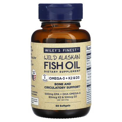 Wiley's Finest, Wild Alaskan Fish Oil, Omega-3 + K2 & D3, 60 Fish Softgels