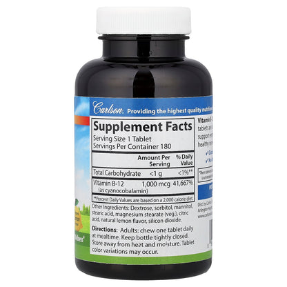 Carlson, Chewable B-12, Natural Lemon, 1,000 mcg, 180 Tablets