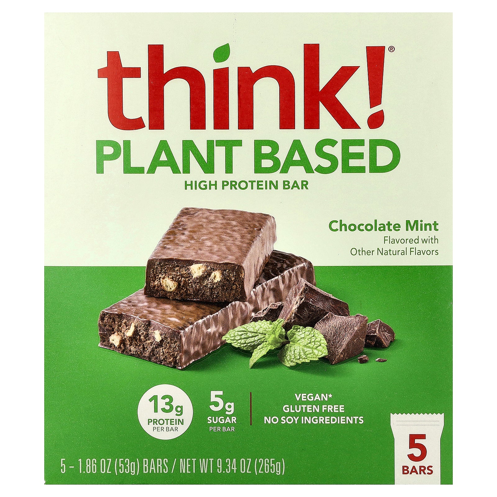 Think !, Plant Based High Protein Bars, Chocolate Mint, 5 Bars, 1.86 oz (53 g) Each