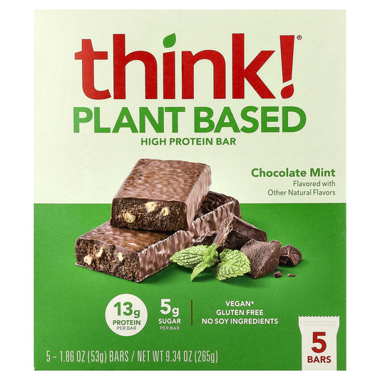 Think !, Plant Based High Protein Bars, Chocolate Mint, 5 Bars, 1.86 oz (53 g) Each