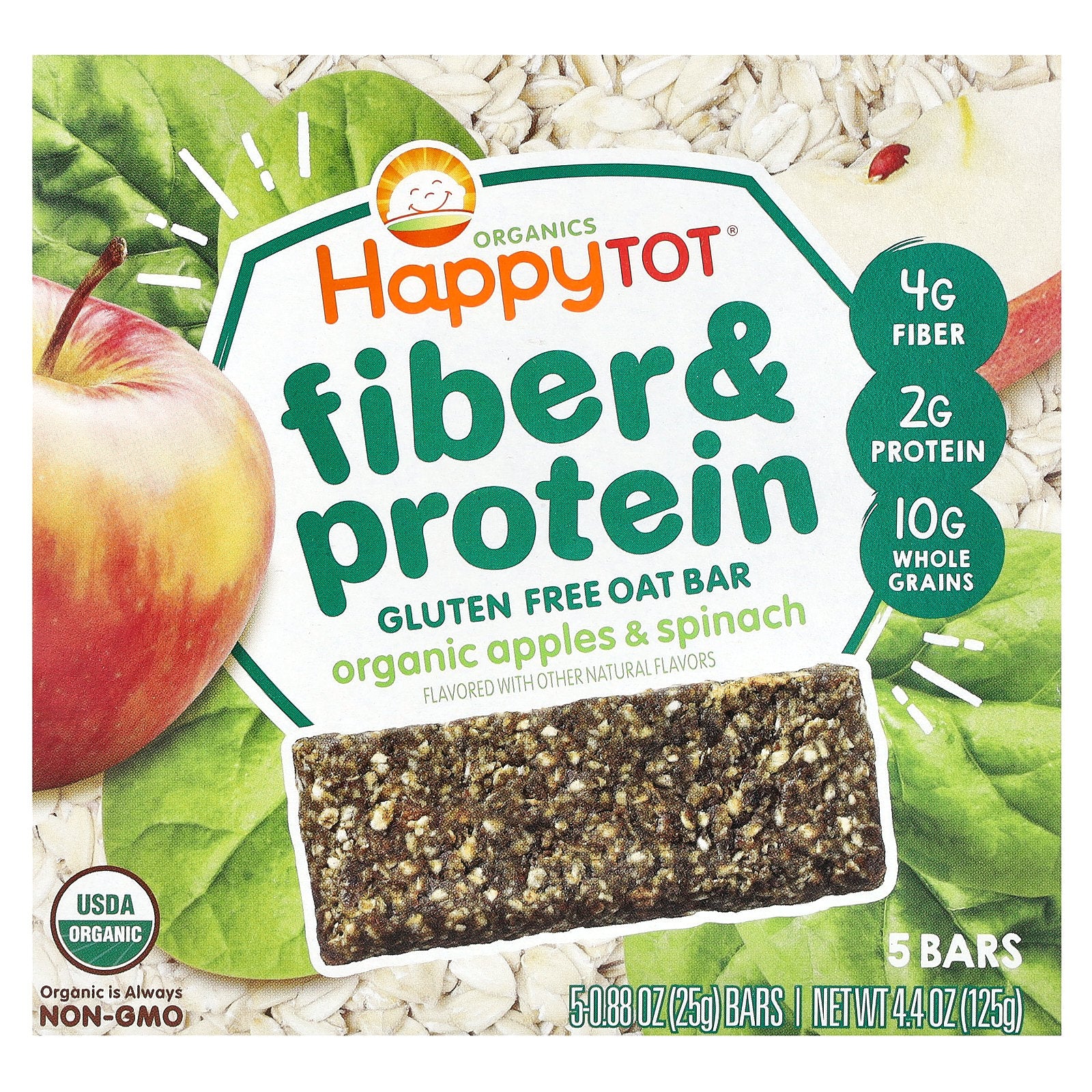 Happy Family Organics, Happy Tot®, Fiber & Protein Gluten Free Oat Bar, For 2 Years & Up, Organic Apples & Spinach, 5 Bars, 0.88 oz (25 g) Each