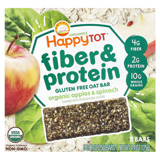 Happy Family Organics, Happy Tot®, Fiber & Protein Gluten Free Oat Bar, For 2 Years & Up, Organic Apples & Spinach, 5 Bars, 0.88 oz (25 g) Each