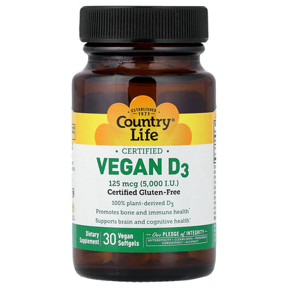 Country Life, Certified Vegan D3, 125 mcg (5,000 IU), 30 Vegan Softgels