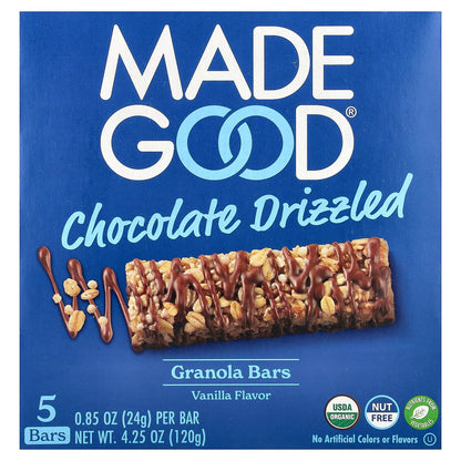MadeGood, Granola Bars, Chocolate Drizzled, Vanilla, 5 Bars, 0.85 oz (24 g) Each