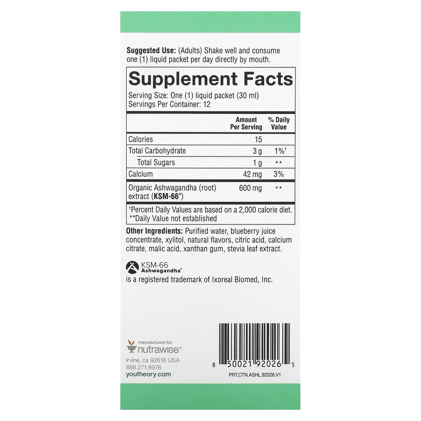 Youtheory, Ashwagandha Liquid, Blueberry, 600 mg, 12 Pouches, 1 fl oz (30 ml) Each