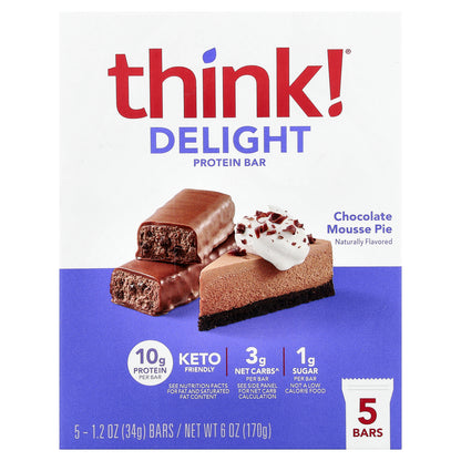Think !, Delight Protein Bar, Chocolate Mousse Pie, 5 Bars, 1.2 oz (34 g) Each
