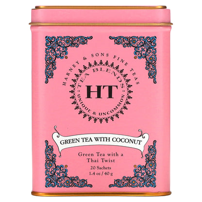 Harney & Sons, HT Tea Blends, Green Tea with Coconut, 20 Tea Sachets, 1.4 oz (40 g)