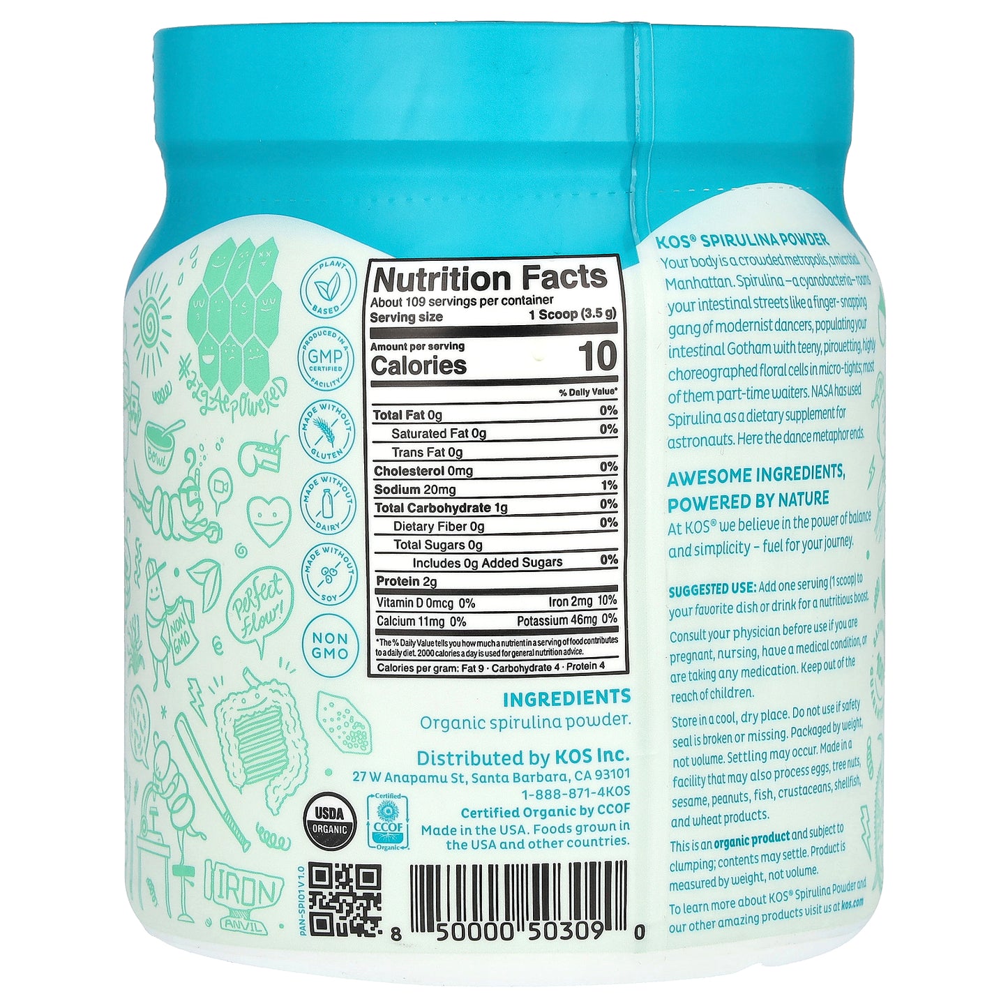 KOS, Organic Spirulina Powder, 13.5 oz (381 g)