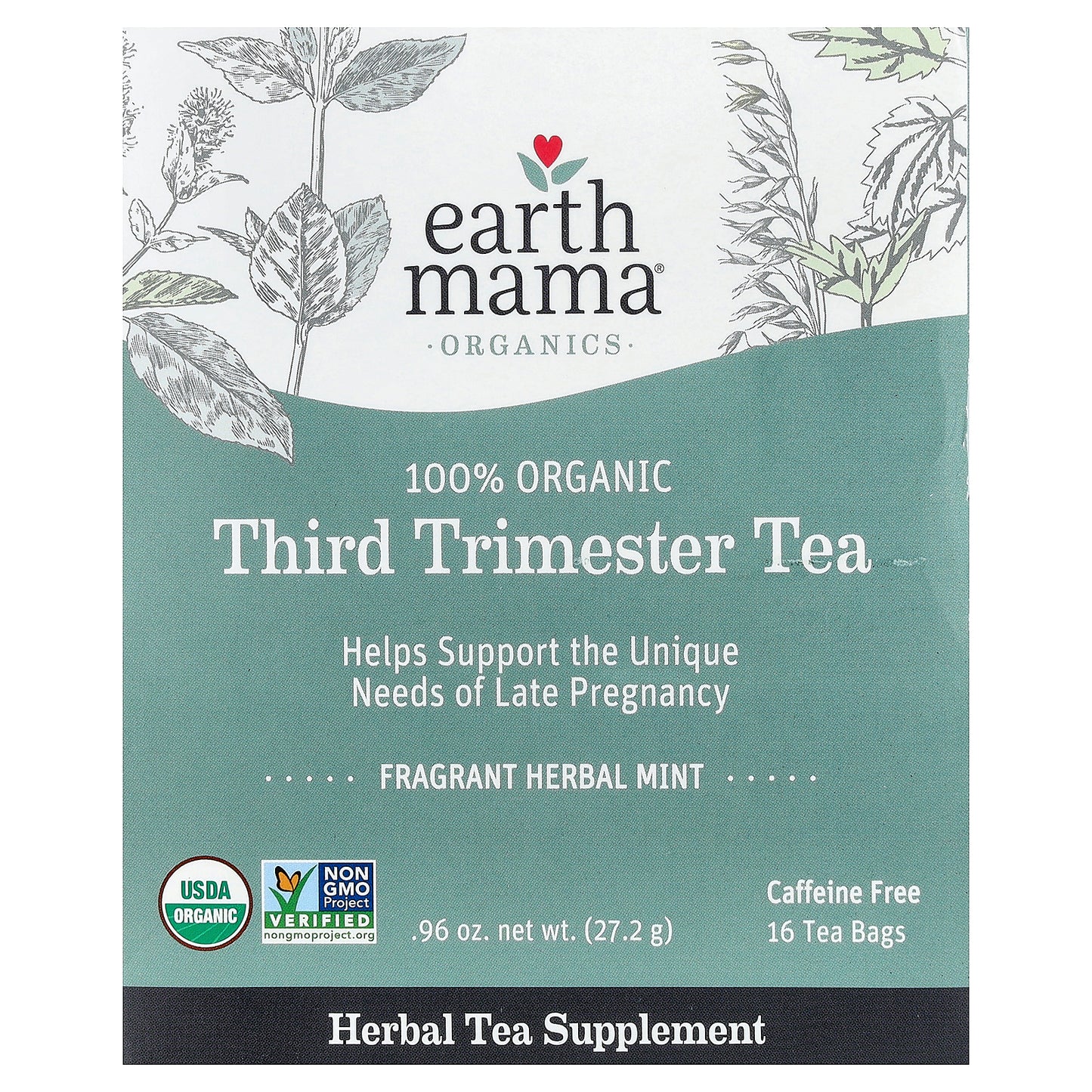 Earth Mama, Organics, 100 Organic Third Trimester Tea, Mint, Caffeine Free, 16 Tea Bags, 0.96 oz (27.2 g)