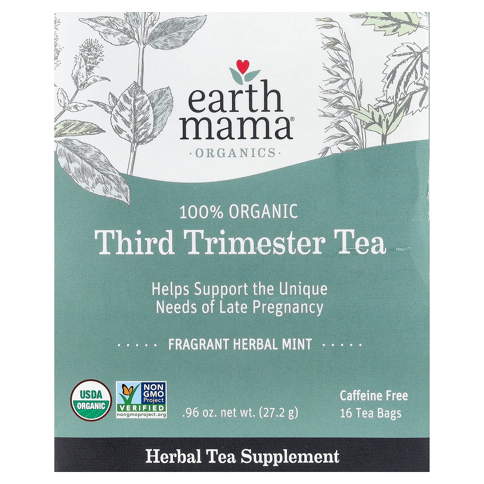 Earth Mama, Organics, 100 Organic Third Trimester Tea, Mint, Caffeine Free, 16 Tea Bags, 0.96 oz (27.2 g)