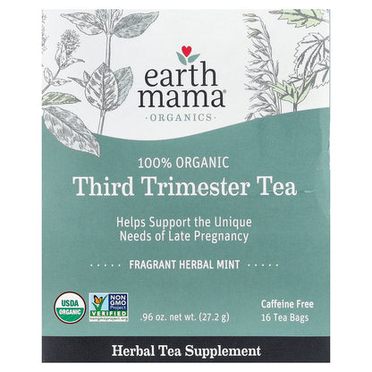 Earth Mama, Organics, 100 Organic Third Trimester Tea, Mint, Caffeine Free, 16 Tea Bags, 0.96 oz (27.2 g)