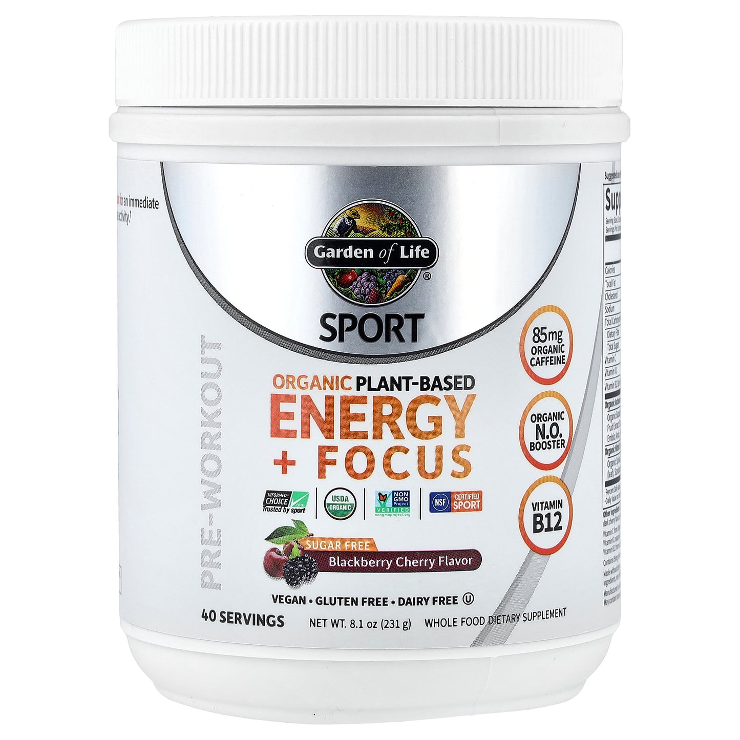 Garden of Life, Sport, Organic Plant-Based Energy + Focus, Pre-Workout, Blackberry Cherry, 8.1 oz (231 g)