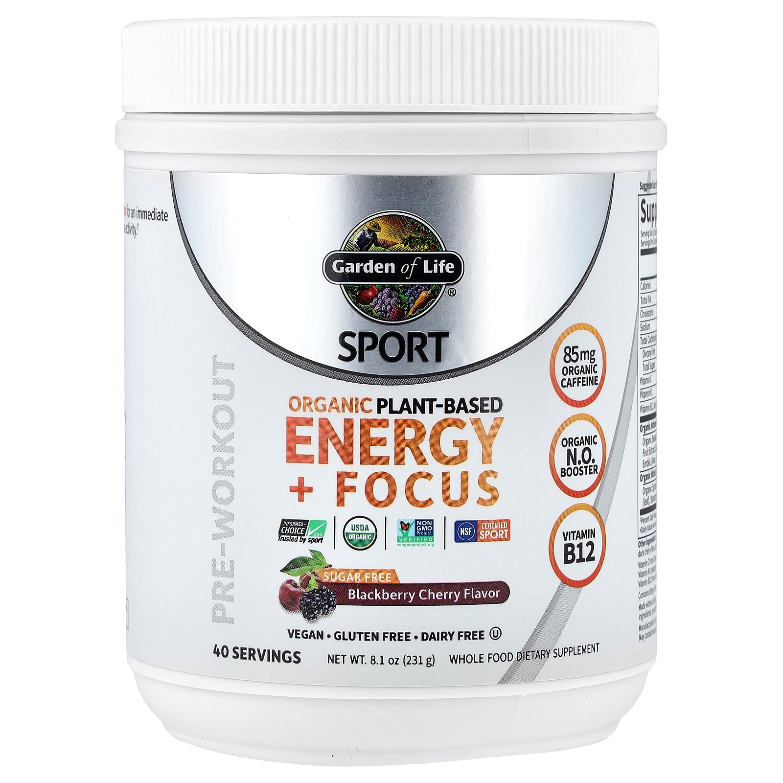 Garden of Life, Sport, Organic Plant-Based Energy + Focus, Pre-Workout, Blackberry Cherry, 8.1 oz (231 g)