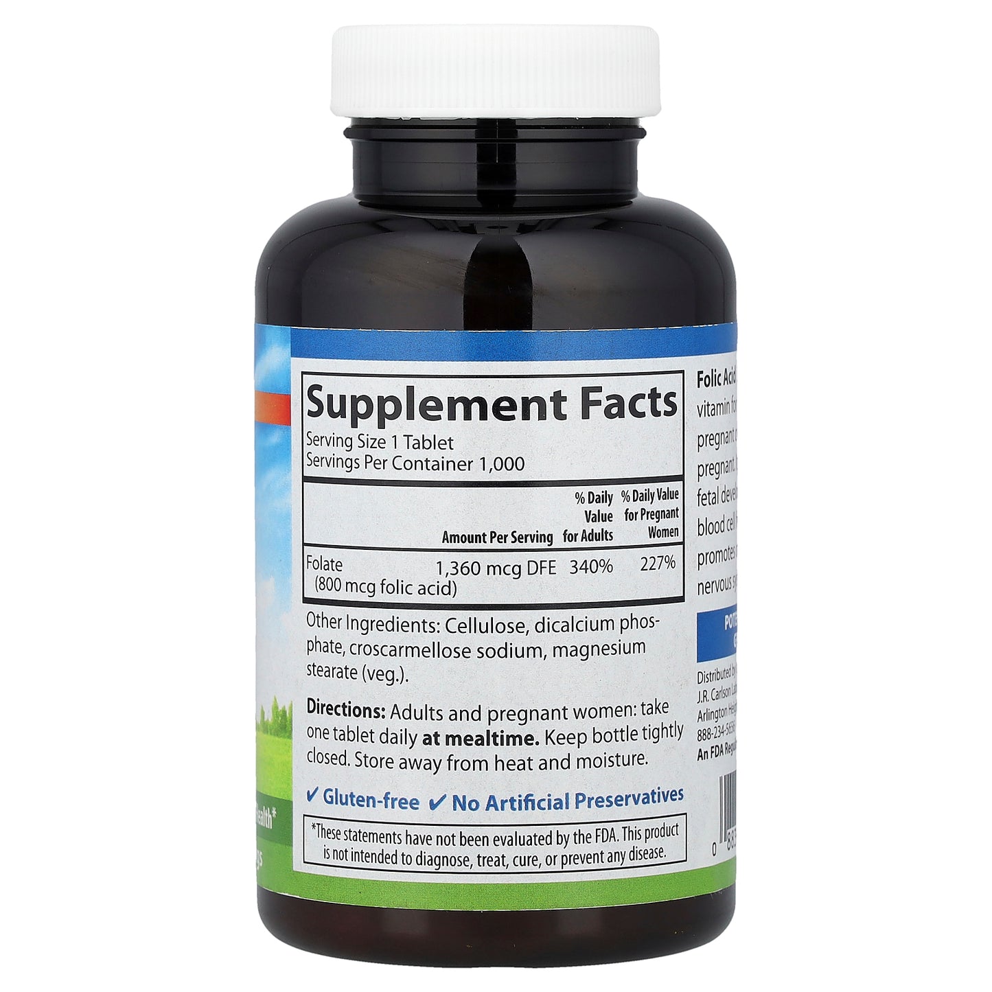 Carlson, Folic Acid, 800 mcg, 1,000 Vegetarian Tablets