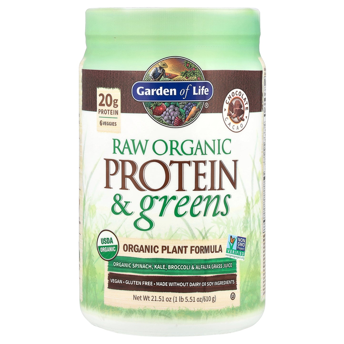 Garden of Life, RAW Organic Protein & Greens, Plant Formula, Chocolate Cacao, 21.51 oz (610 g)