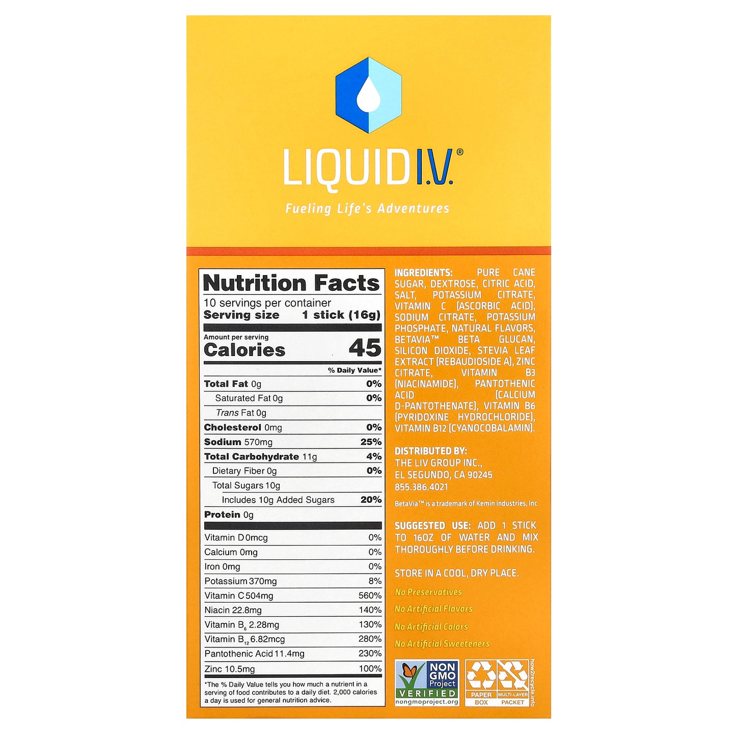 Liquid I.V., Hydration Multiplier + Immune Support Drink Mix, Tangerine, 10 Stick Packs, 0.56 oz (16 g) Each