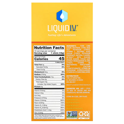 Liquid I.V., Hydration Multiplier + Immune Support Drink Mix, Tangerine, 10 Stick Packs, 0.56 oz (16 g) Each