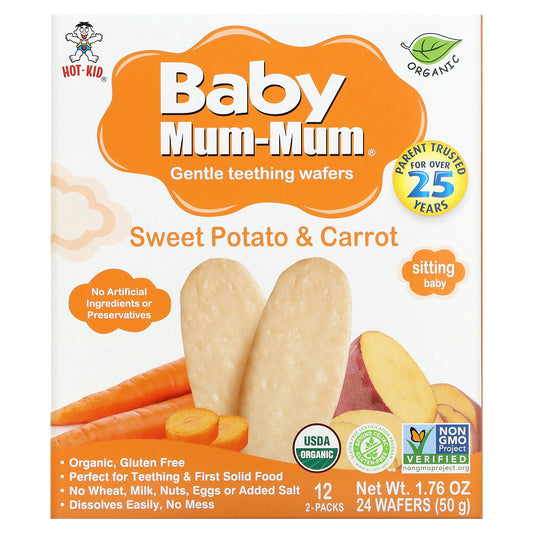 Hot Kid, Baby Mum-Mum, Gentle Teething Wafers, Sweet Potato & Carrot, 12 Packs, 2 Wafers Each