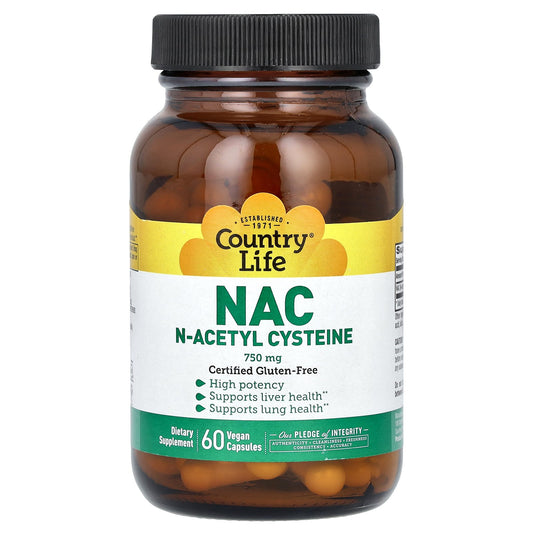 Country Life, NAC, N-Acetyl Cysteine, 750 mg, 60 Vegan Capsules