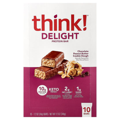 Think !, Delight Protein Bars, Chocolate Peanut Butter Cookie Dough, 10 Bars, 1.2 oz (34 g) Each