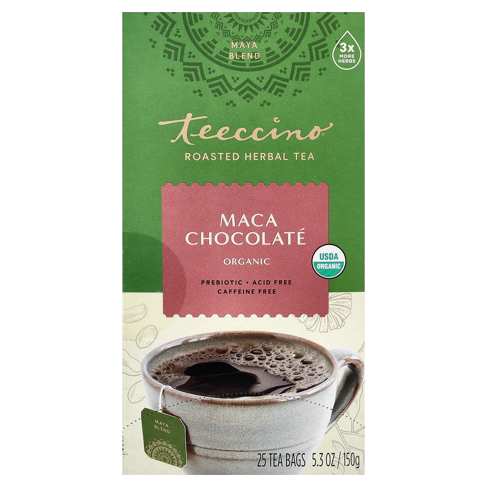 Teeccino, Organic Roasted Herbal Tea, Maca Chocolate, Caffeine Free, 25 Tea Bags, 5.3 oz (150 g)