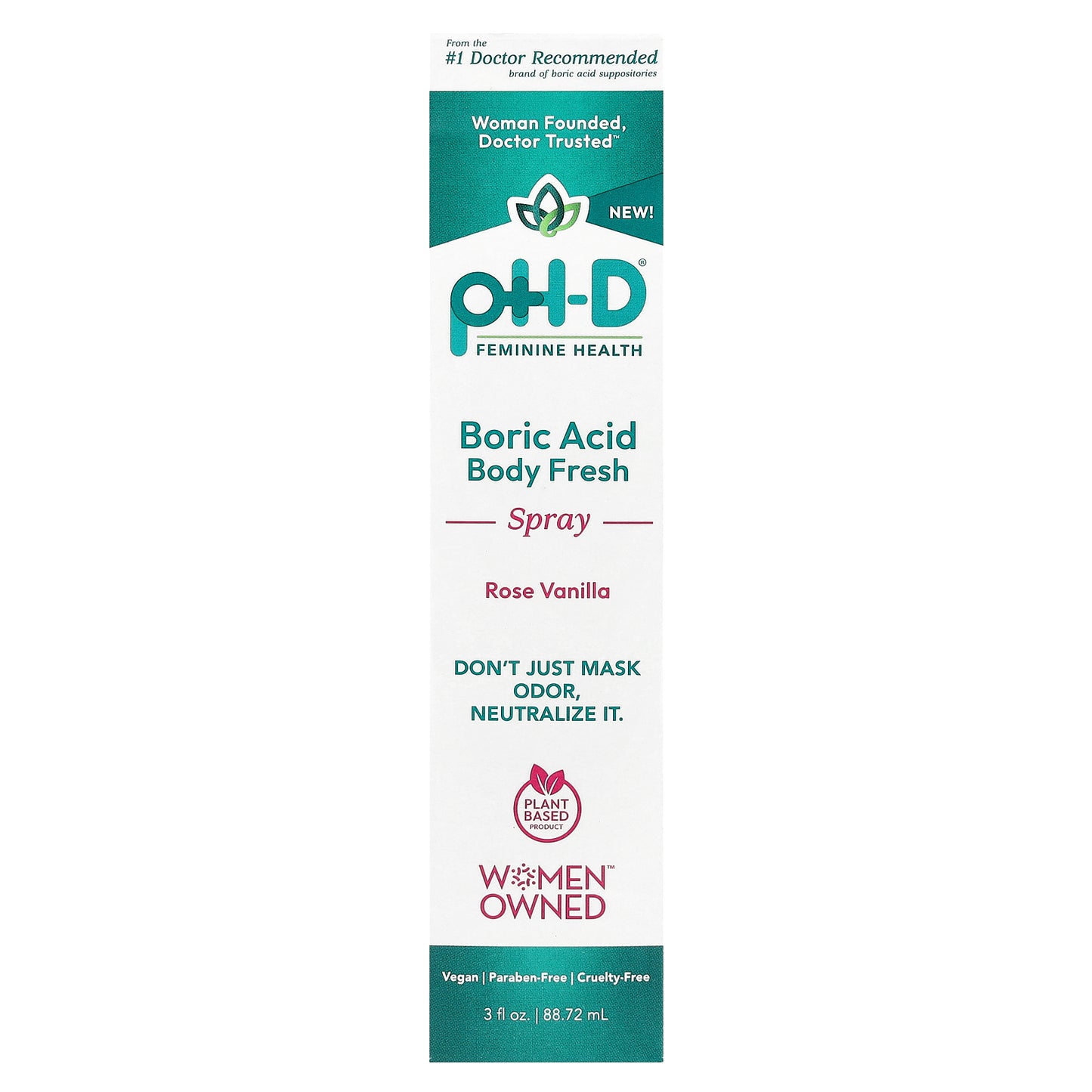 pH-D Feminine Health, Boric Acid, Body Fresh Spray, Rose Vanilla, 3 fl oz (88.72 ml)