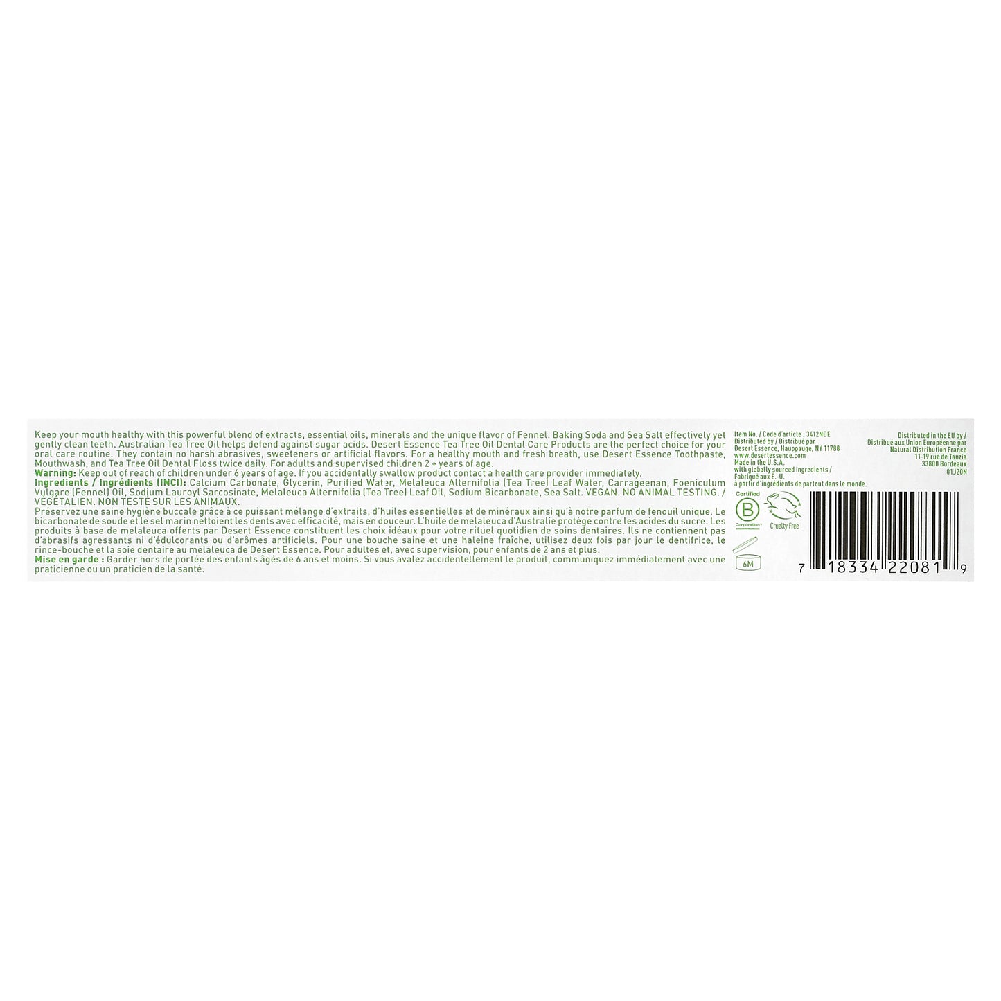 Desert Essence, Tea Tree Oil Toothpaste, Fennel, 6.25 oz (176 g)