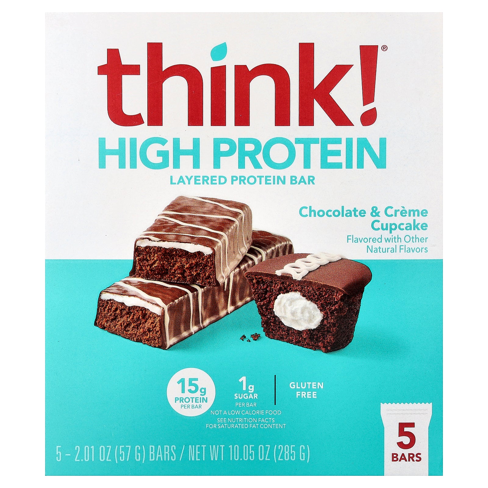 Think !, High Protein Layered Bar, Chocolate & Creme Cupcake, 5 Bars, 2.01 oz (57 g) Each