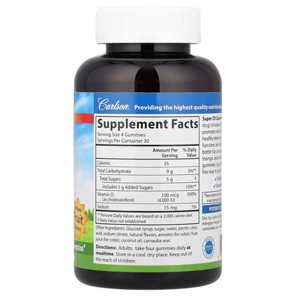 Carlson, Super D3 Gummies,  Natural Fruit, 120 Vegetarian Gummies (25 mcg (1,000 IU) per Gummy)