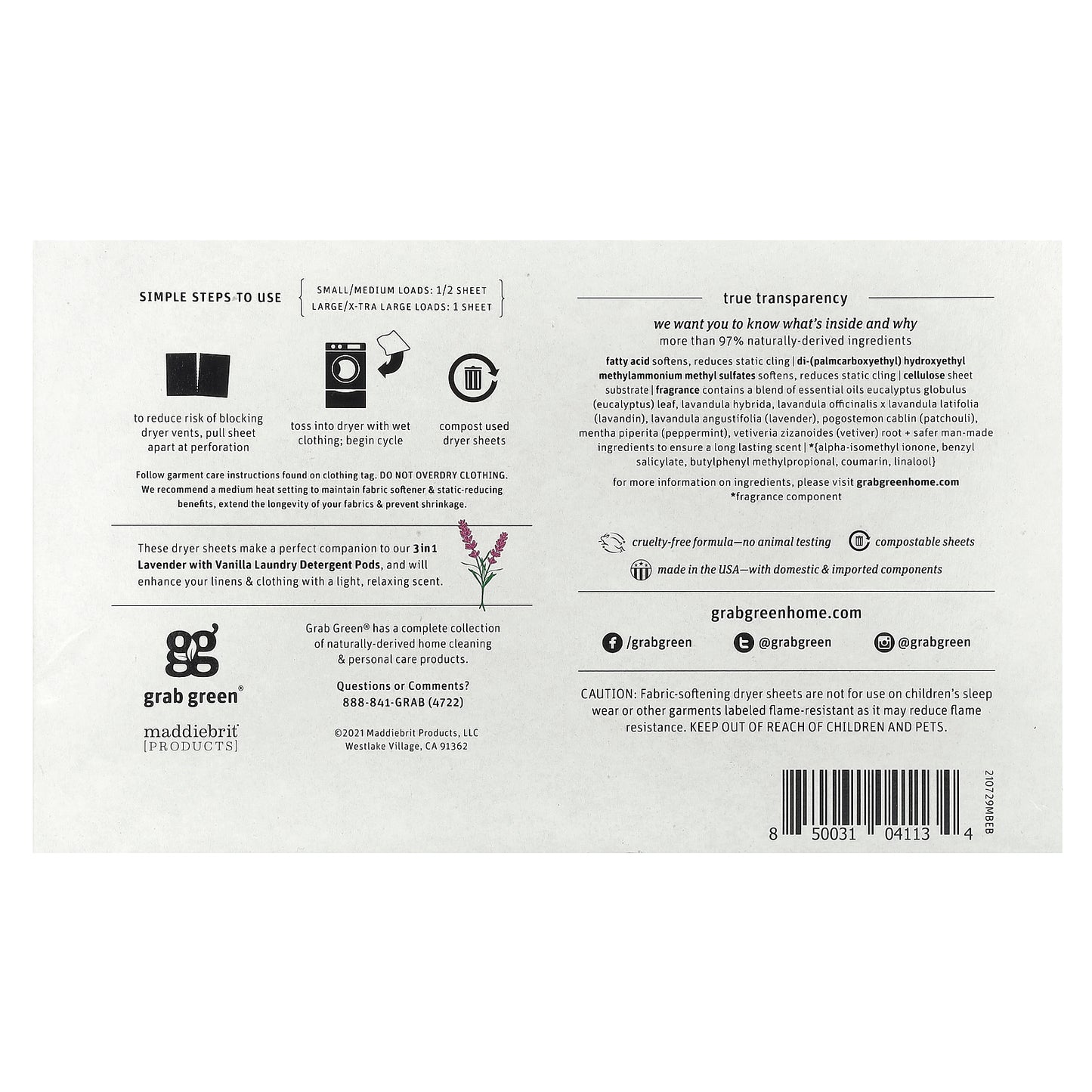 Grab Green, Dryer Sheets, Lavender with Vanilla, 80 Compostable Sheets