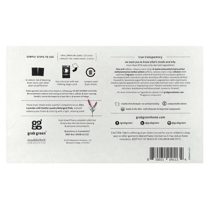 Grab Green, Dryer Sheets, Lavender with Vanilla, 80 Compostable Sheets