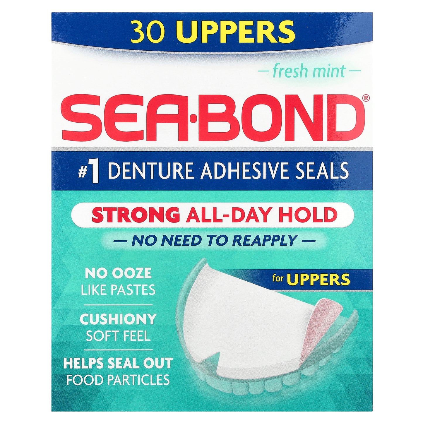 SeaBond, Denture Adhesive Seals, Fresh Mint, 30 Uppers