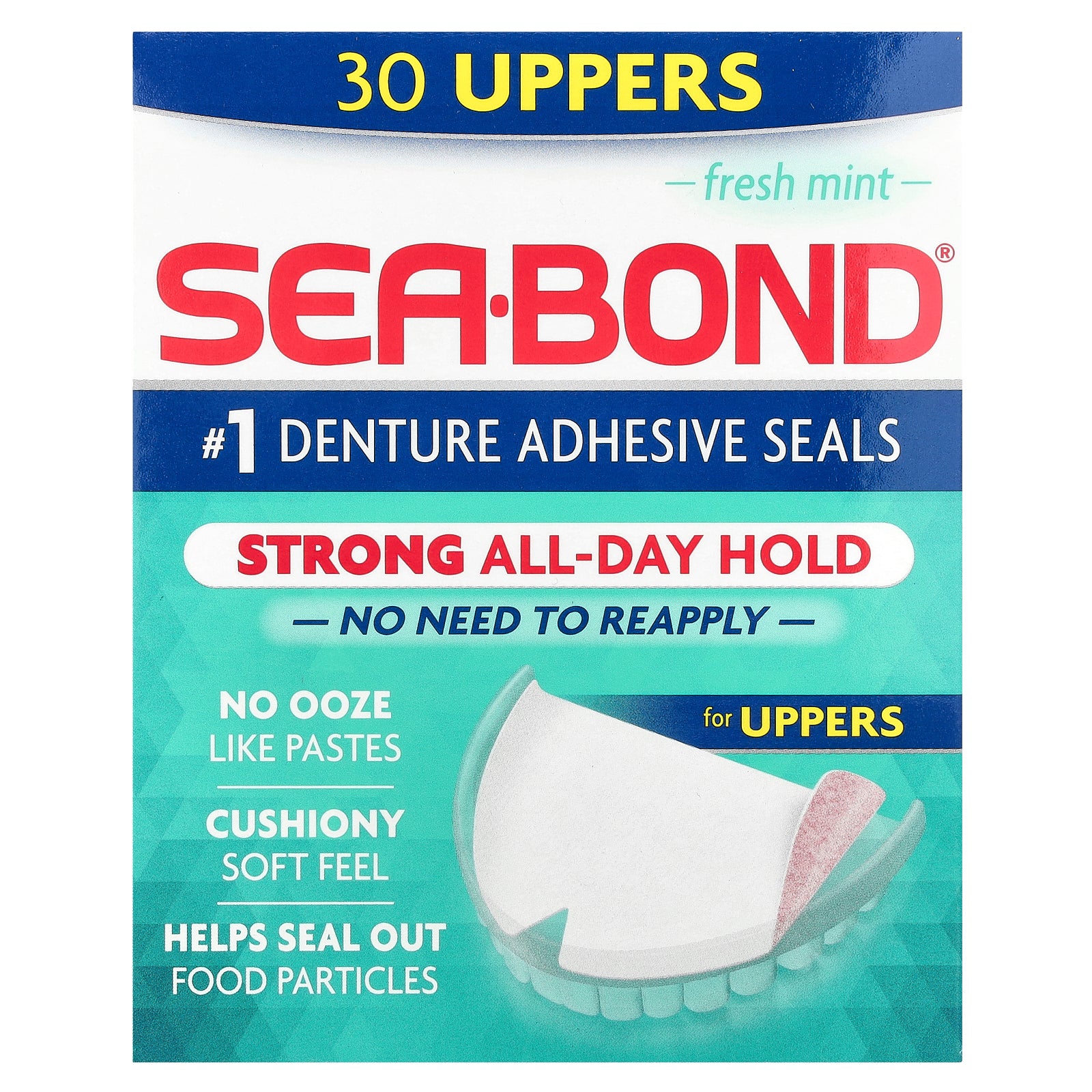 SeaBond, Denture Adhesive Seals, Fresh Mint, 30 Uppers