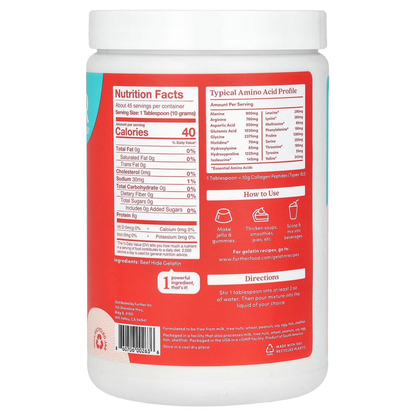 Further Food, Grass-Fed Gelatin Powder, Unflavored, 15.87 oz (450 g)