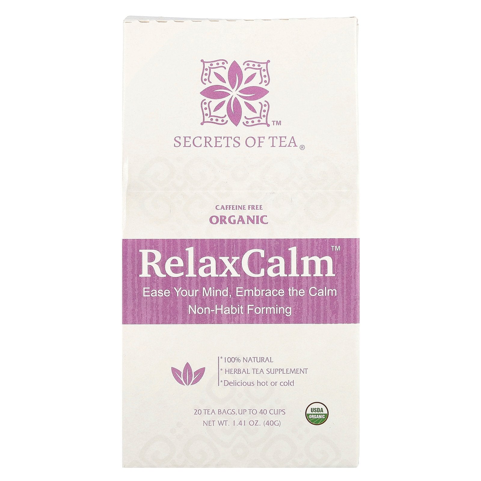 Secrets of Tea, Organic RelaxCalm™, Caffeine Free, 20 Tea Bags, 1.41 oz (40 g)