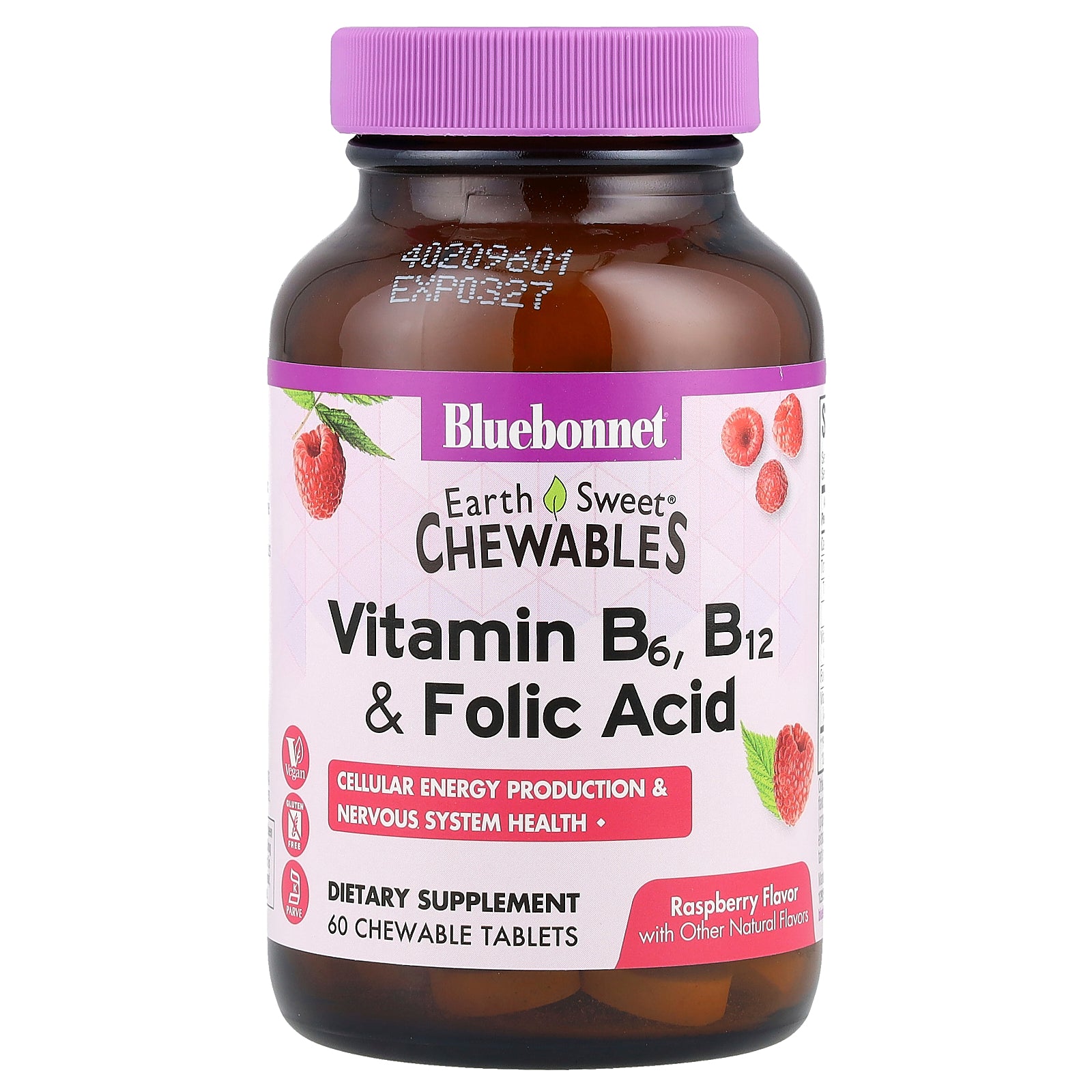 Bluebonnet Nutrition, Earth Sweet® Chewables, Vitamin B6, B12 & Folic Acid, Raspberry, 60 Chewable Tablets