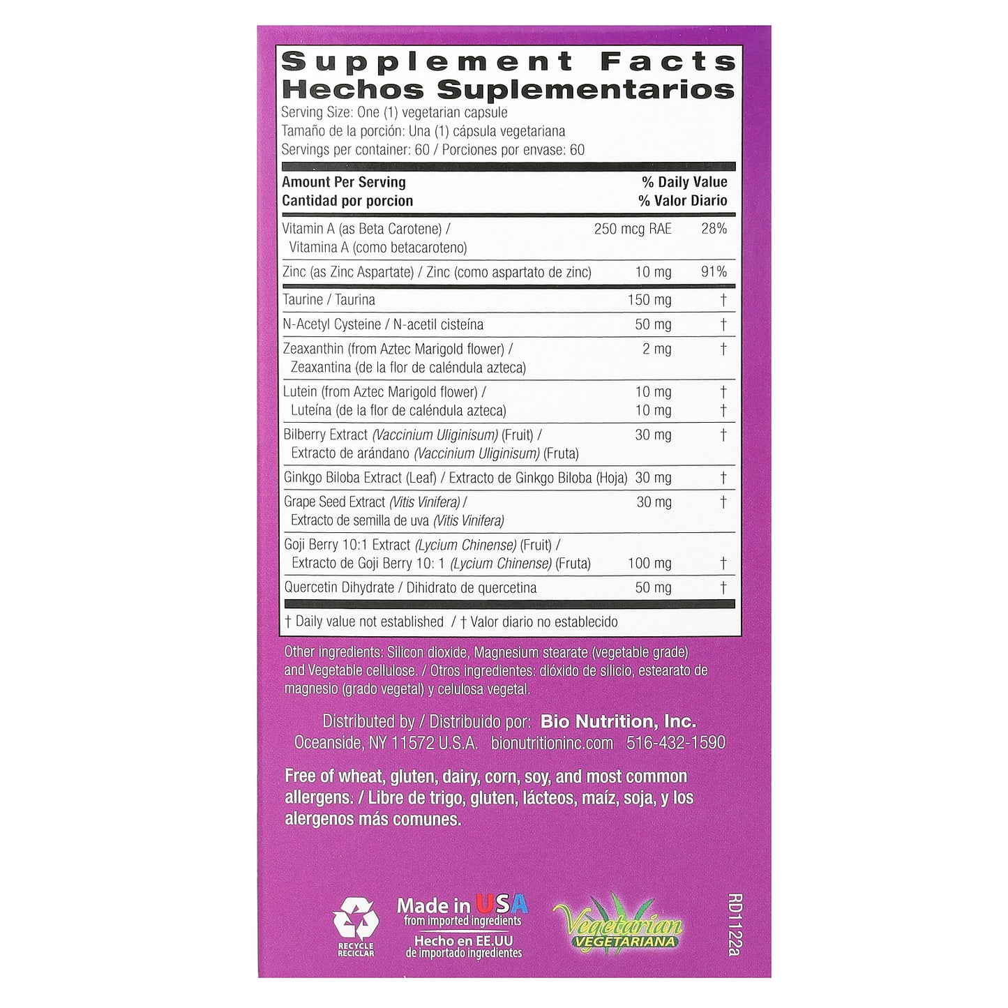 Bio Nutrition, Eye Wellness with Zeaxanthin, 60 Vegetarian Capsules