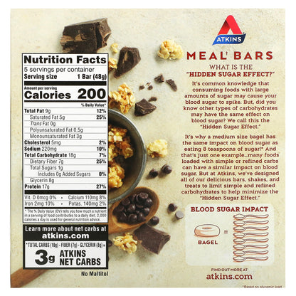 Atkins, Chocolate Chip Granola Bar, 5 Bars, 1.69 oz (48 g) Each