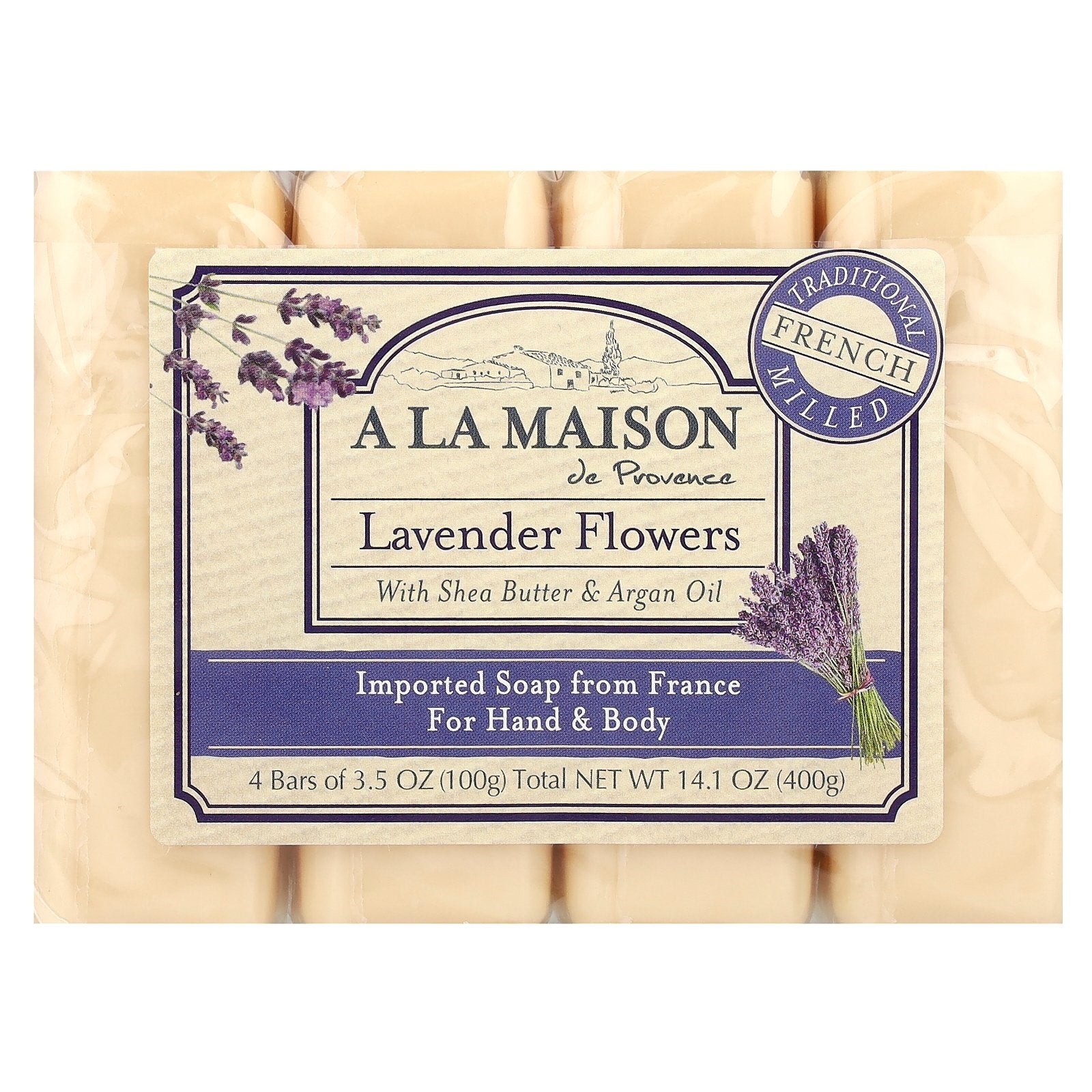 A La Maison de Provence, Hand & Body Bar Soap, Lavender Flowers, 4 Bars, 3.5 oz (100 g) Each