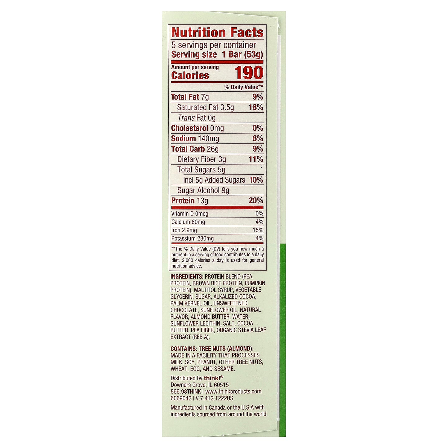 Think !, Plant Based High Protein Bars, Chocolate Mint, 5 Bars, 1.86 oz (53 g) Each