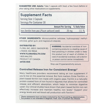 Flora, Ferritin+®, Plant-Based Ferritin Iron, 30 Delayed Release Vegan Capsules (20 mg per Capsule)