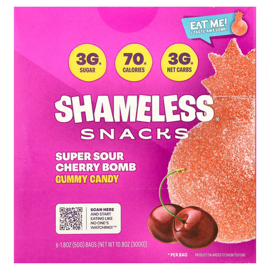 Shameless Snacks, Gummy Candy, Super Sour Cherry Bomb, 6 Bags, 1.8 oz (50 g) Each