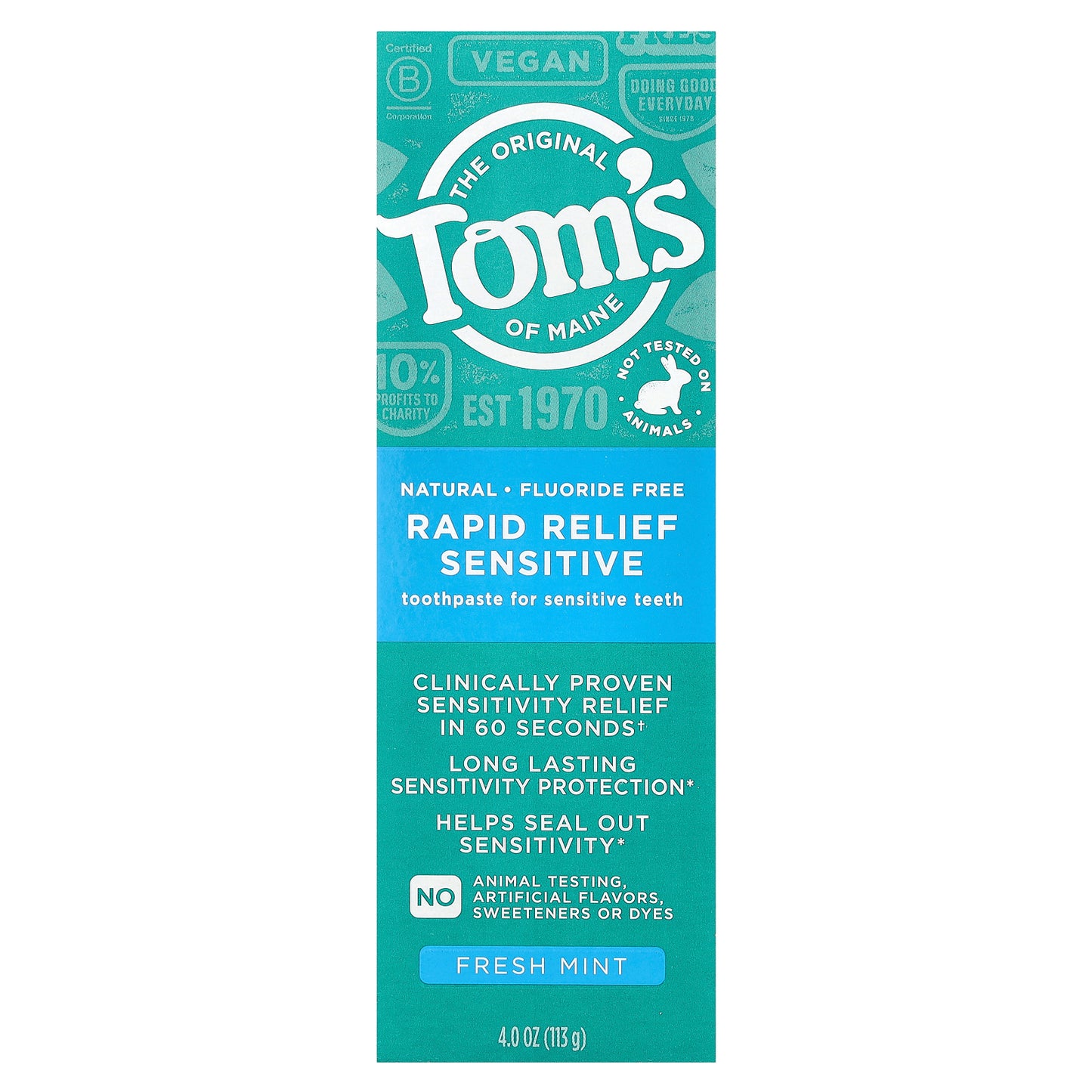Tom's of Maine, Rapid Relief Sensitive Toothpaste, Fluoride-Free, Fresh Mint, 4 oz (113 g)