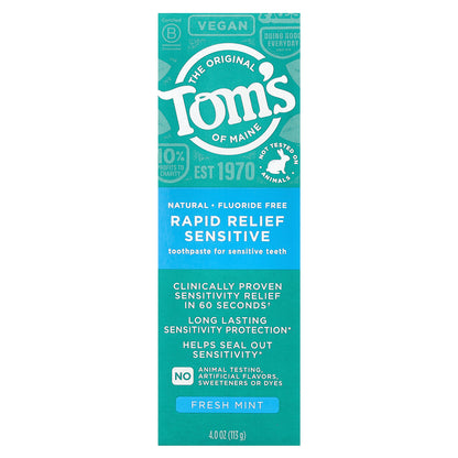 Tom's of Maine, Rapid Relief Sensitive Toothpaste, Fluoride-Free, Fresh Mint, 4 oz (113 g)
