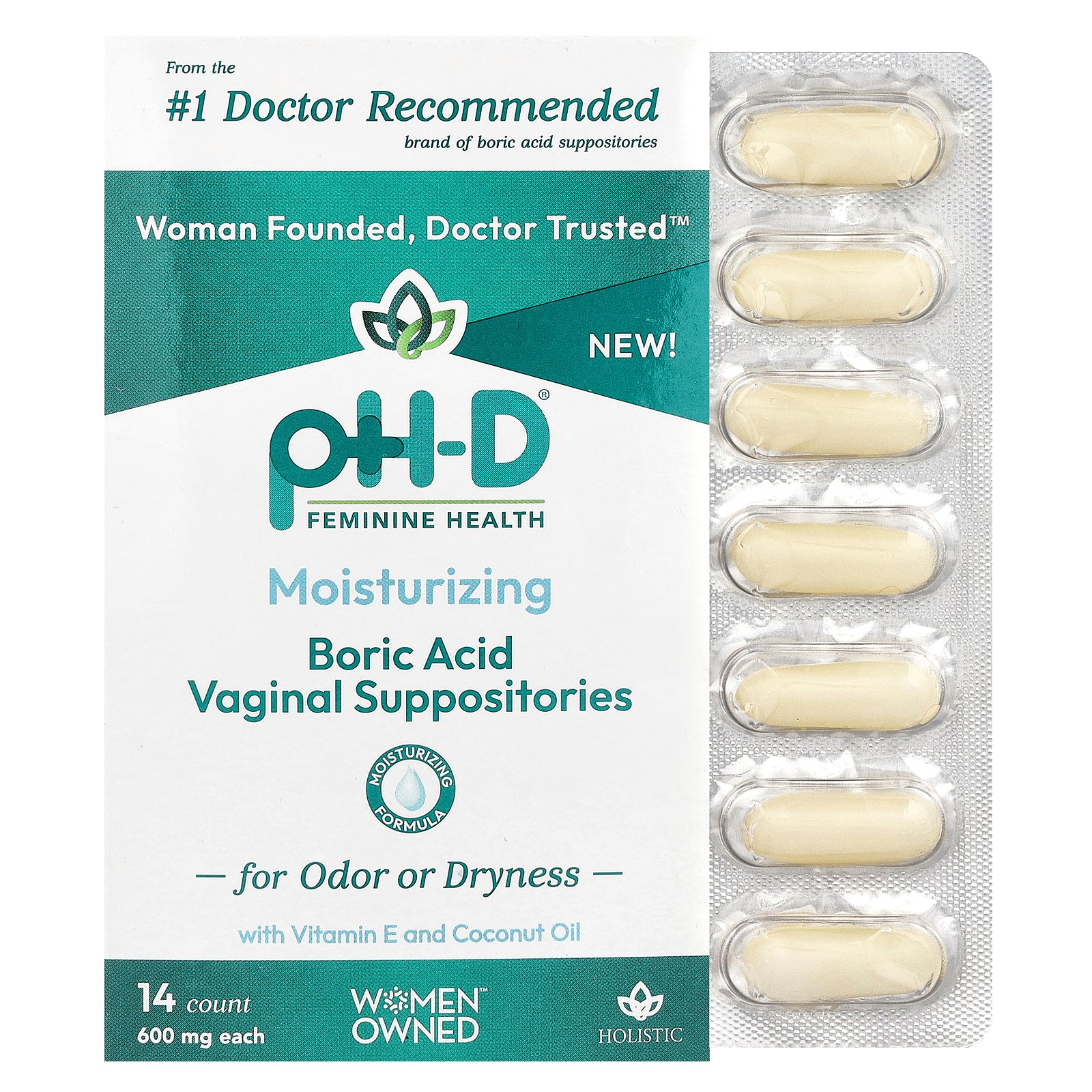 pH-D Feminine Health, Boric Acid, Vaginal Suppositories, 600 mg, 14 count